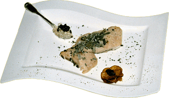 Anastasia sage-flavored sturgeon with caviar on potato chips and vodka gelee